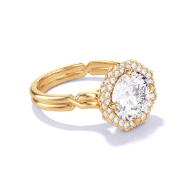 ROUND CUT DIAMOND ENGAGEMENT RING WITH AN OCTAGON HALO CHANCE SETTING IN 18K YELLOW GOLD