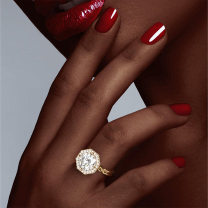 ROUND CUT DIAMOND ENGAGEMENT RING WITH AN OCTAGON HALO CHANCE SETTING IN 18K YELLOW GOLD