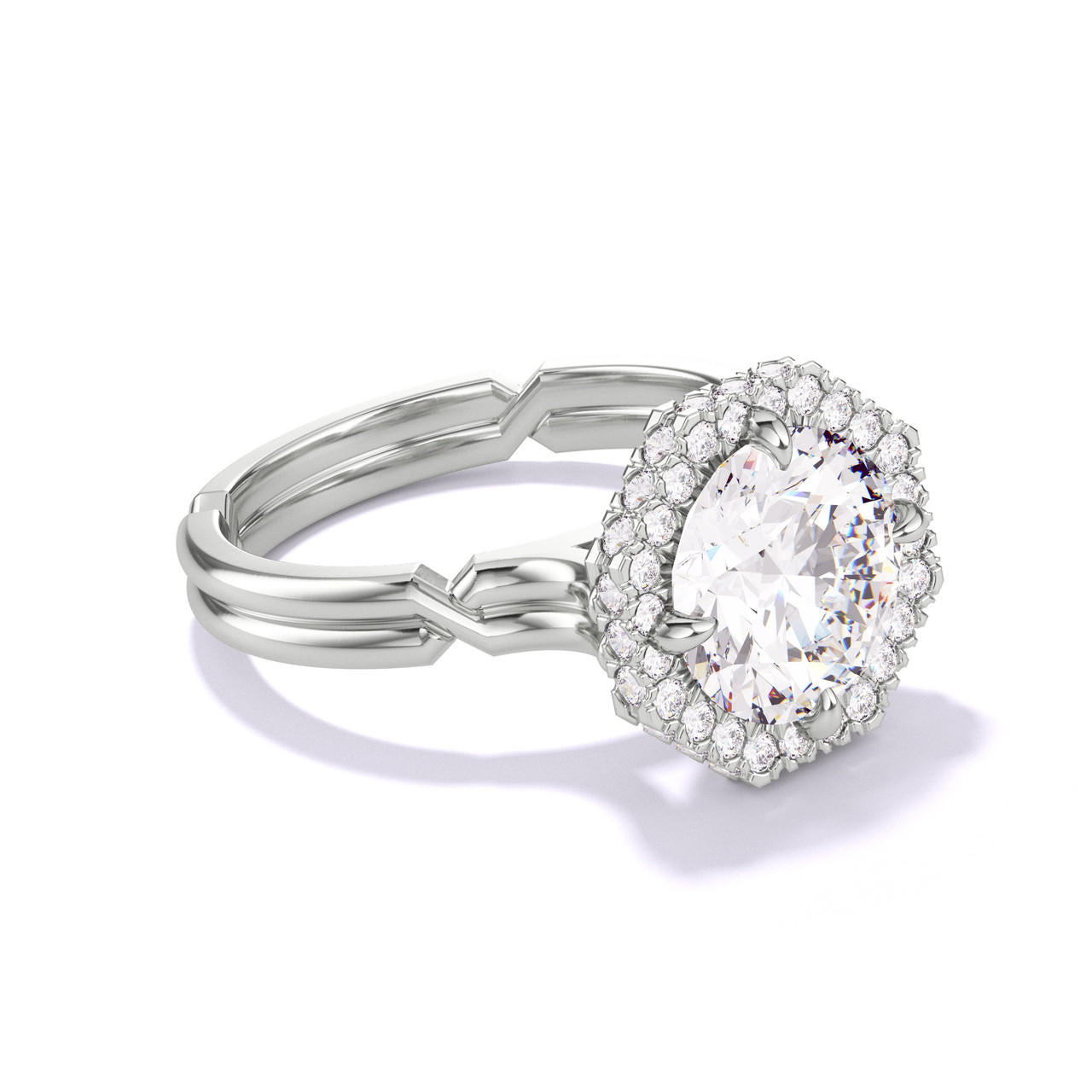 ROUND CUT DIAMOND ENGAGEMENT RING WITH AN OCTAGON HALO CHANCE SETTING IN PLATINUM