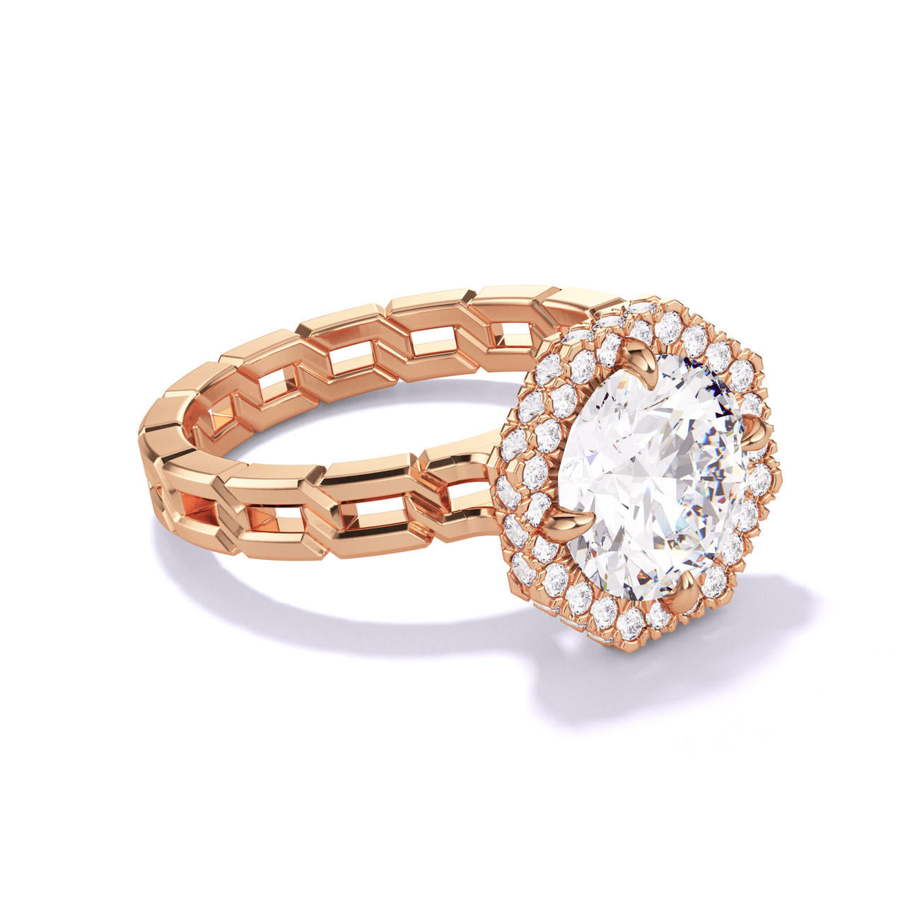 Rose Gold Round Engagement Ring with an Octagon Halo 16 Link Setting 