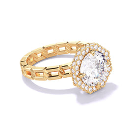 Round Cut Diamond Engagement Ring with an Octagon Halo 16 Links Setting in 18K yellow gold.