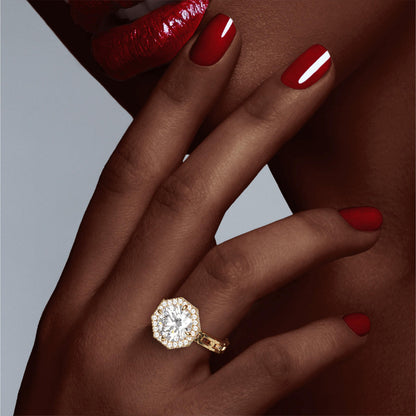 ROUND CUT DIAMOND ENGAGEMENT RING WITH AN OCTAGON HALO 16 LINKS SETTING IN 18K YELLOW GOLD
