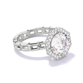 An angled view of the Round Cut Diamond Engagement Ring with an Octagon Halo 16 Links Setting in Platinum.