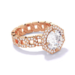 ROUND CUT DIAMOND ENGAGEMENT RING WITH AN OCTAGON HALO 16 PAVE LINKS SETTING IN 18K ROSE GOLD
