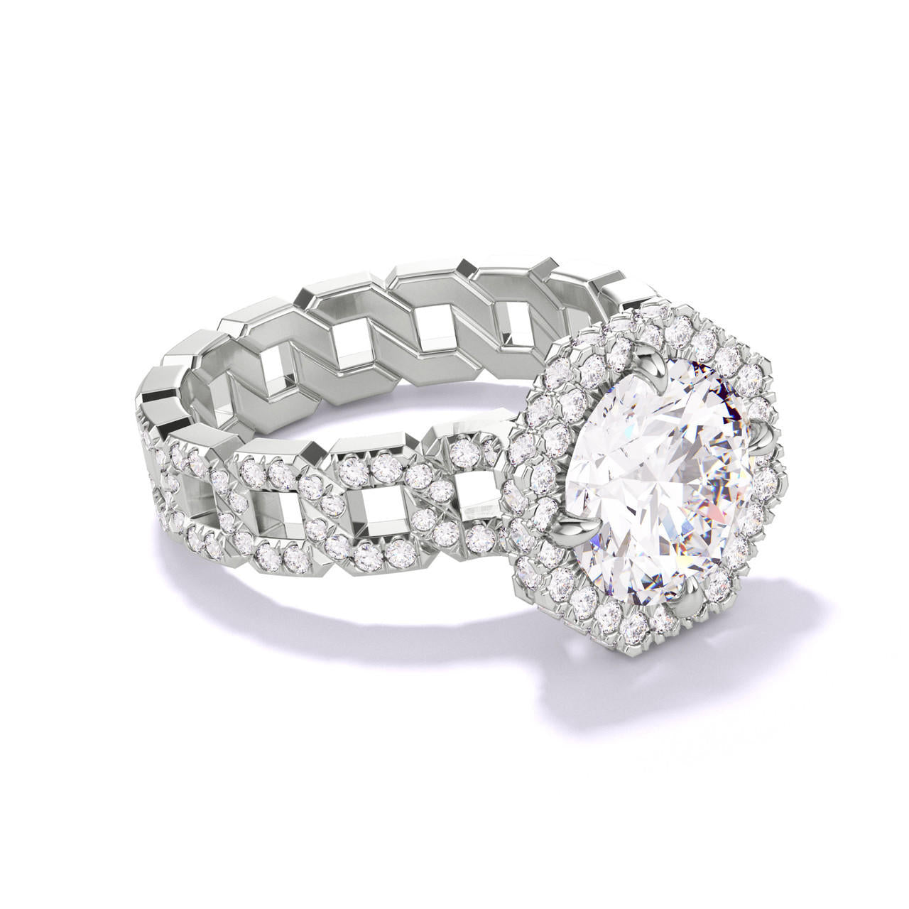 Platinum Round Engagement Ring with an Octagon Halo 16 Link Pave Setting