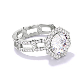 ROUND CUT DIAMOND ENGAGEMENT RING WITH AN OCTAGON HALO 8 PAVE LINKS SETTING IN PLATINUM