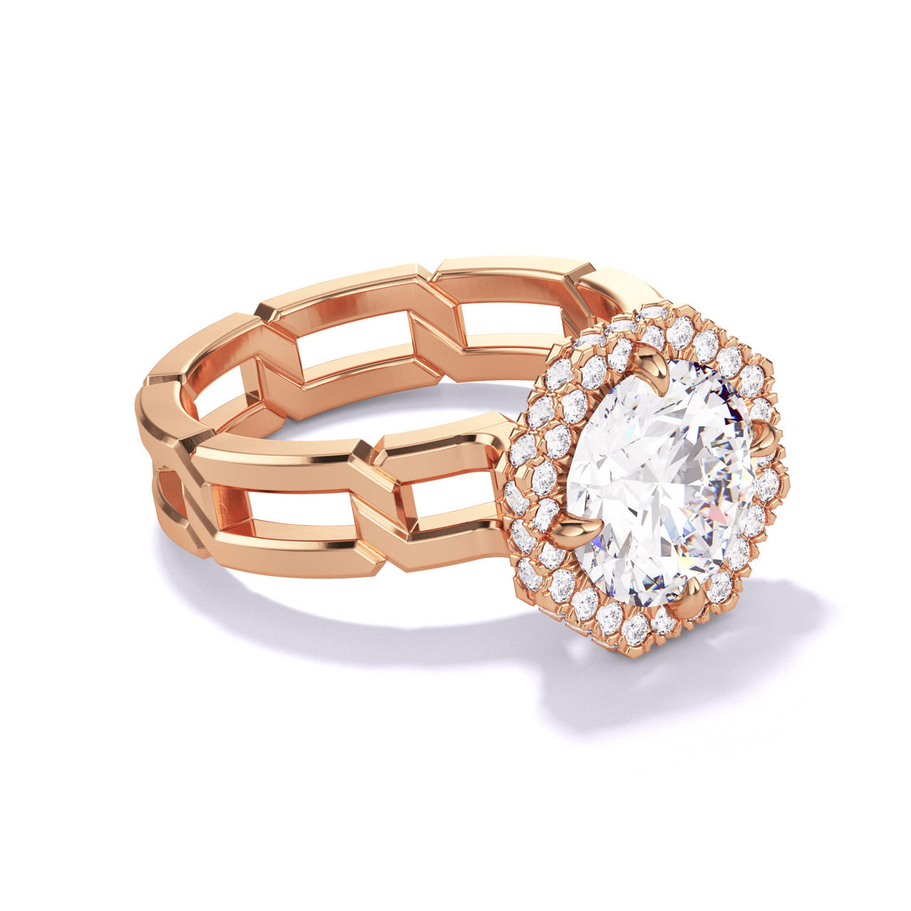 Rose Gold Round Engagement Ring with an Octagon Halo 8 Link Setting 