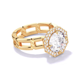 ROUND CUT DIAMOND ENGAGEMENT RING WITH AN OCTAGON HALO 8 LINKS SETTING IN 18K YELLOW GOLD