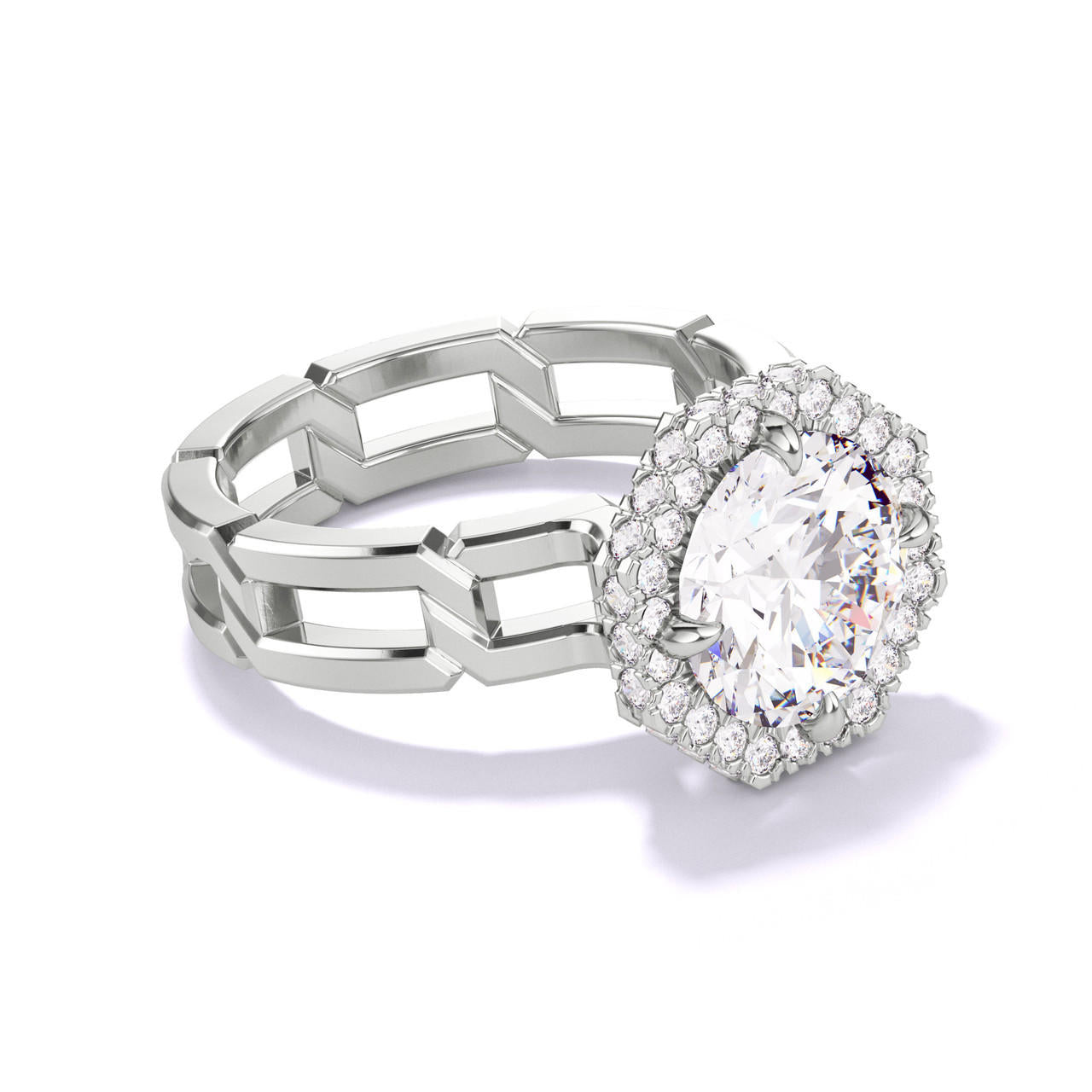 ROUND CUT DIAMOND ENGAGEMENT RING WITH AN OCTAGON HALO 8 LINKS SETTING IN PLATINUM