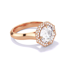 ROUND CUT DIAMOND ENGAGEMENT RING WITH AN OCTAGON HALO THREE PHASES SETTING IN 18K ROSE GOLD