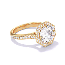 ROUND CUT DIAMOND ENGAGEMENT RING WITH AN OCTAGON HALO THREE PHASES PAVE SETTING IN 18K YELLOW GOLD