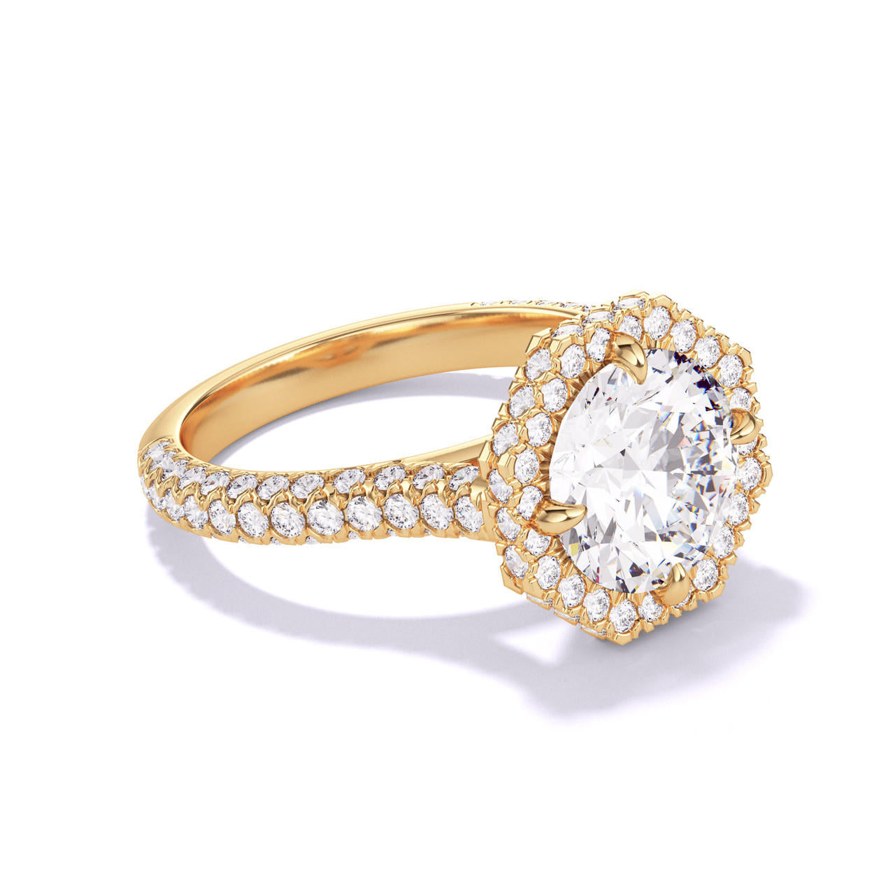 ROUND CUT DIAMOND ENGAGEMENT RING WITH AN OCTAGON HALO THREE PHASES TRIPLE PAVE SETTING IN 18K YELLOW GOLD