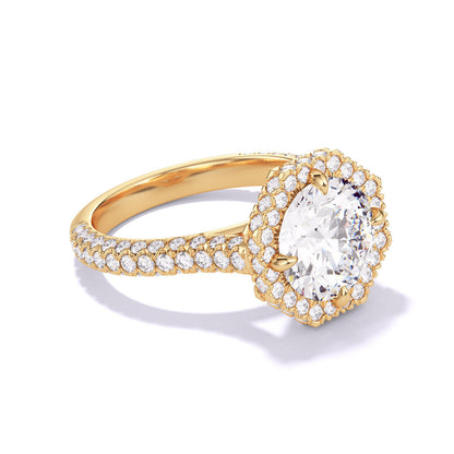 ROUND CUT DIAMOND ENGAGEMENT RING WITH AN OCTAGON HALO THREE PHASES TRIPLE PAVE SETTING IN 18K YELLOW GOLD