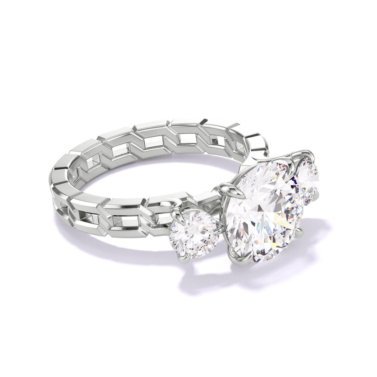 Platinum Round Engagement Ring with a Three Stone 16 Link Setting