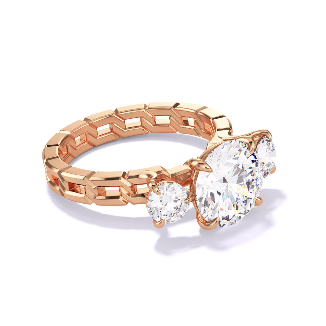 ROUND CUT DIAMOND ENGAGEMENT RING WITH A THREE STONE 16 LINKS SETTING IN 18K ROSE GOLD