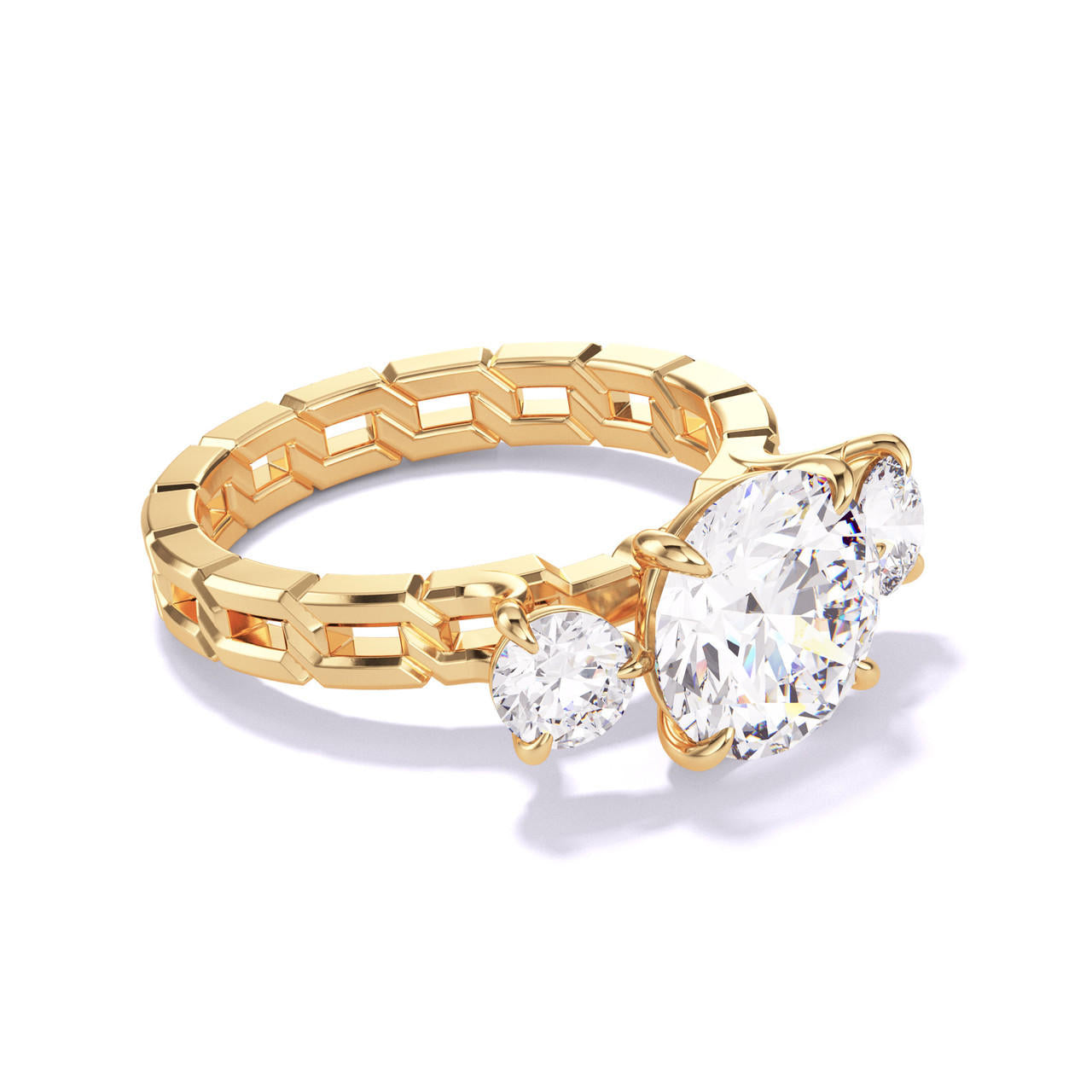 ROUND CUT DIAMOND ENGAGEMENT RING WITH A THREE STONE 16 LINKS SETTING IN 18K YELLOW GOLD