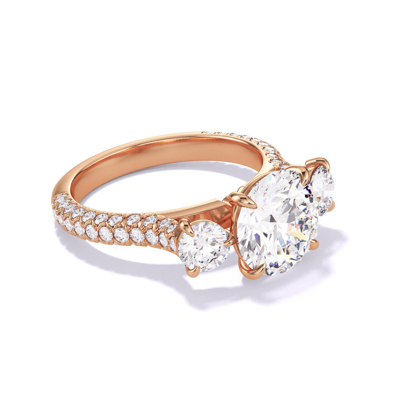 ROUND CUT DIAMOND ENGAGEMENT RING WITH A THREE STONE THREE PHASES TRIPLE PAVE SETTING IN 18K ROSE GOLD