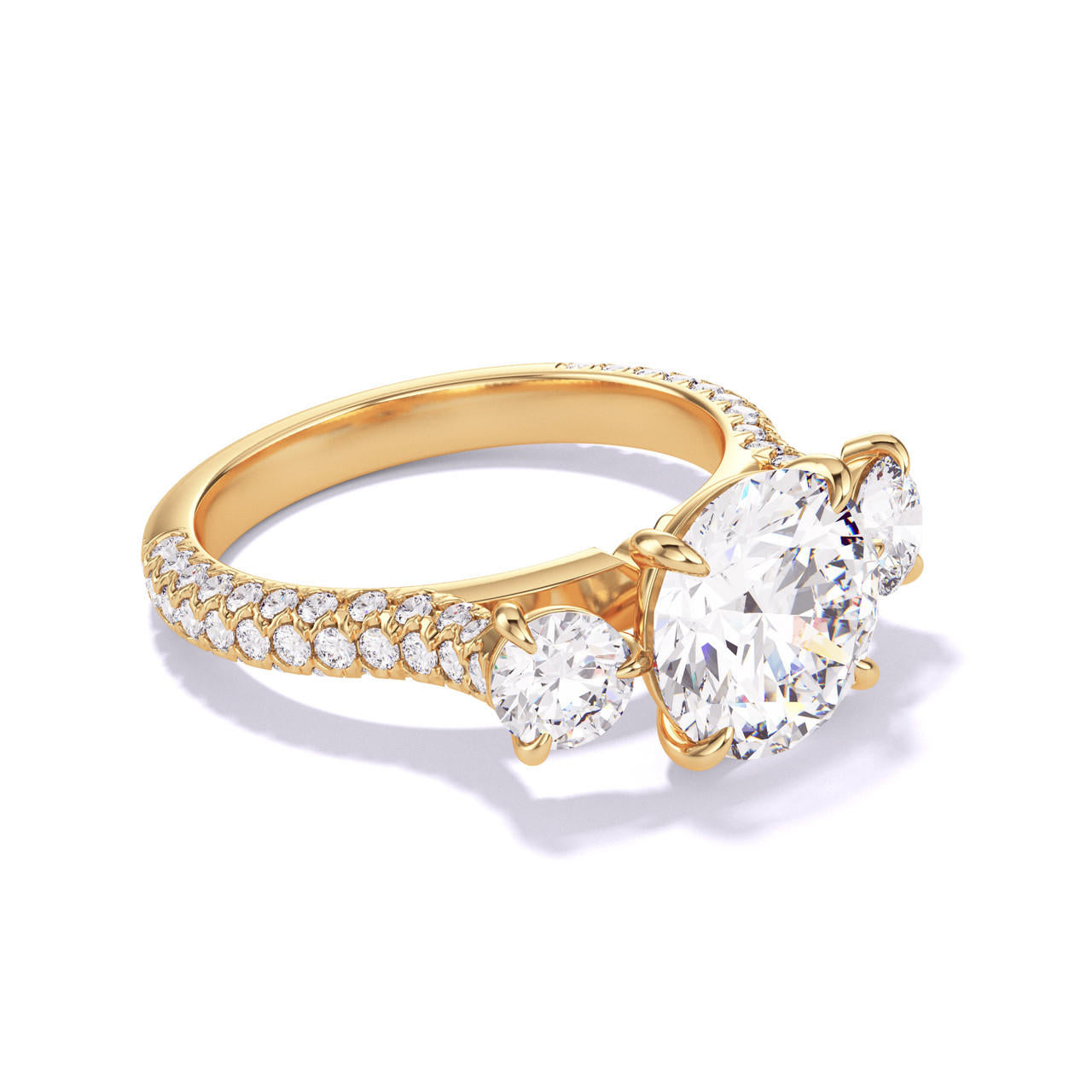 ROUND CUT DIAMOND ENGAGEMENT RING WITH A THREE STONE THREE PHASES TRIPLE PAVE SETTING IN 18K YELLOW GOLD