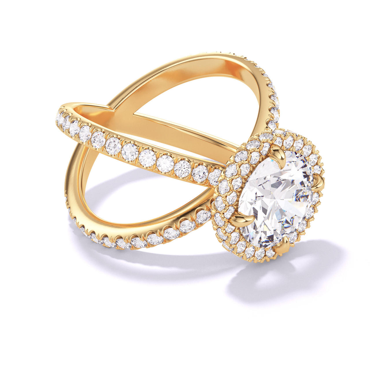 ROUND CUT DIAMOND ENGAGEMENT RING WITH A WRAPPED HALO AXIS PAVE SETTING IN 18K YELLOW GOLD