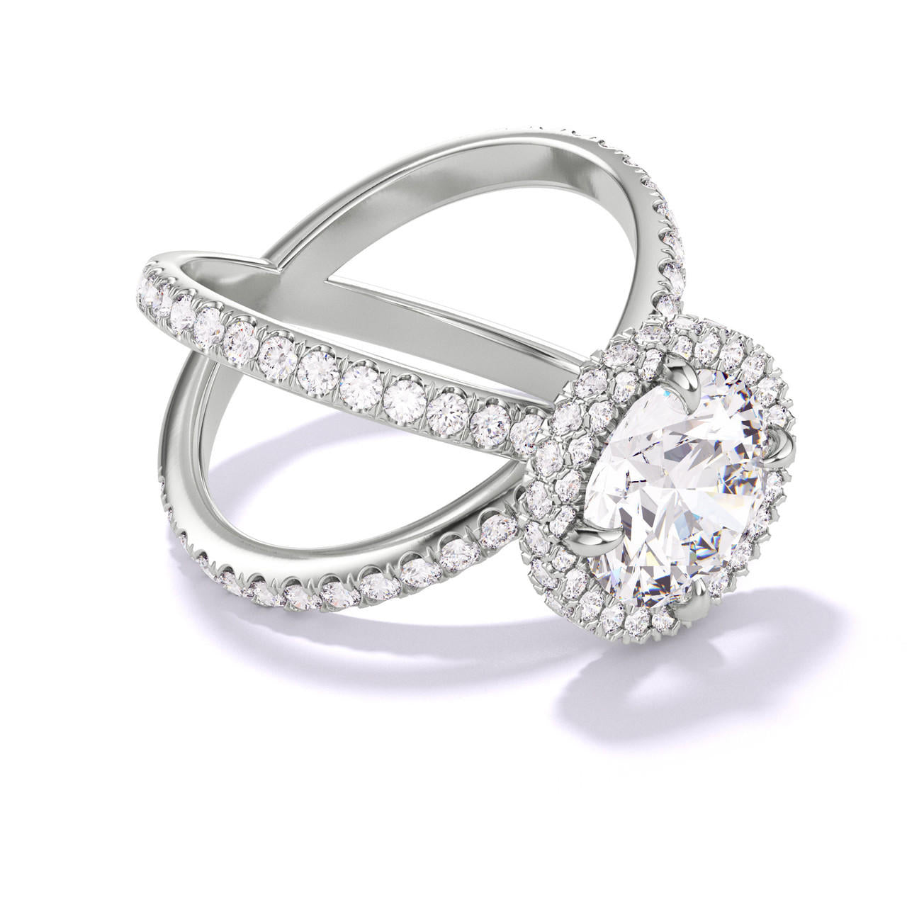 ROUND CUT DIAMOND ENGAGEMENT RING WITH A WRAPPED HALO AXIS PAVE SETTING IN PLATINUM