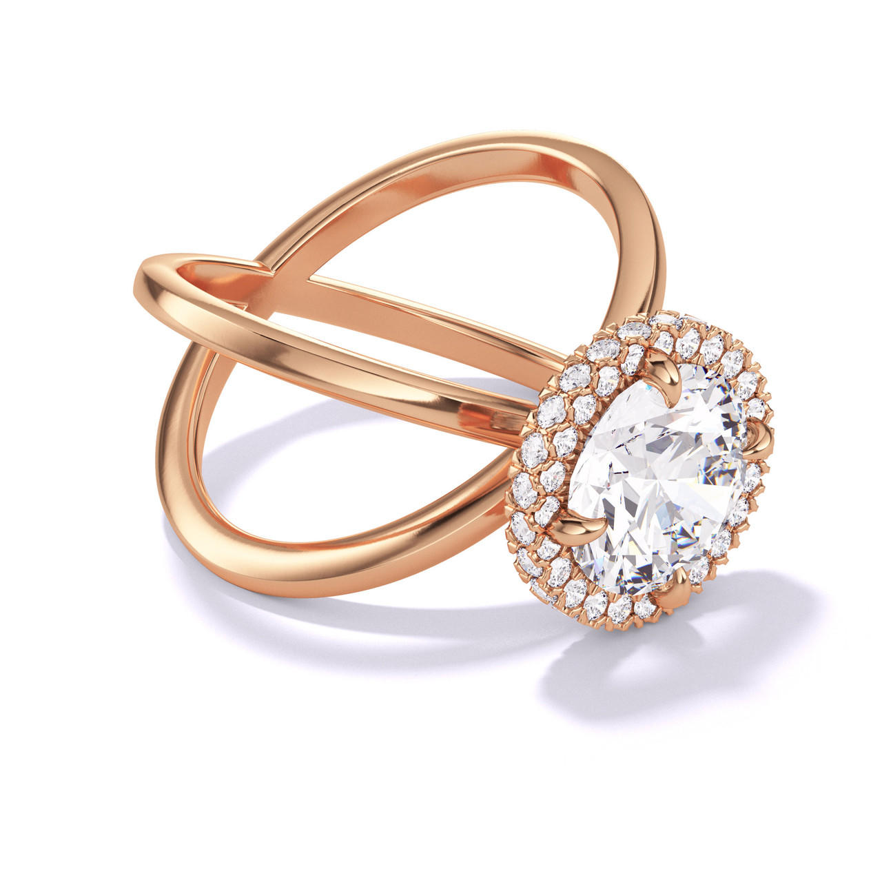 ROUND CUT DIAMOND ENGAGEMENT RING WITH A WRAPPED HALO AXIS SETTING IN 18K ROSE GOLD