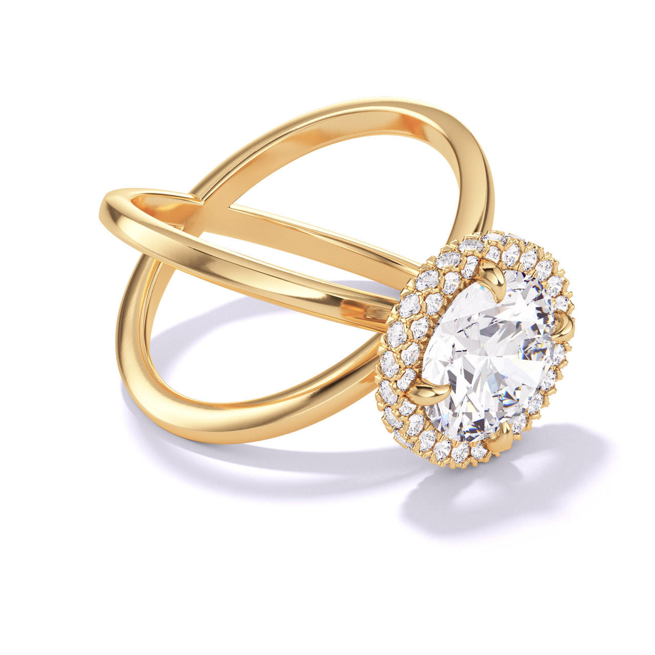 ROUND CUT DIAMOND ENGAGEMENT RING WITH A WRAPPED HALO AXIS SETTING IN 18K YELLOW GOLD