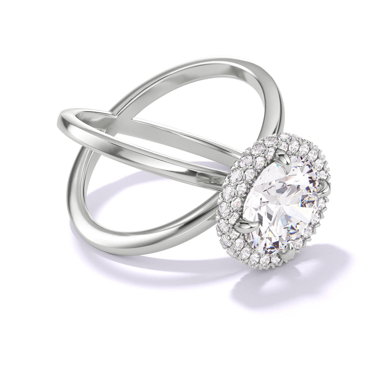 ROUND CUT DIAMOND ENGAGEMENT RING WITH A WRAPPED HALO AXIS SETTING IN PLATINUM