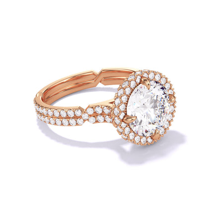 ROUND CUT DIAMOND ENGAGEMENT RING WITH A WRAPPED HALO CHANCE PAVE SETTING IN 18K ROSE GOLD