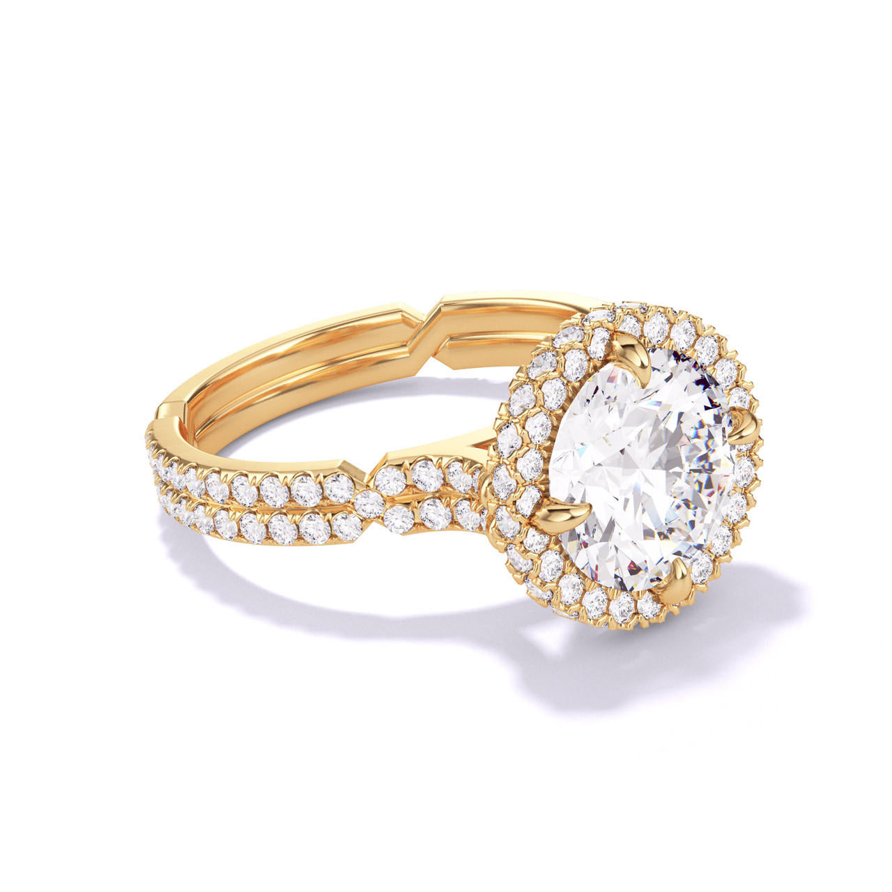 ROUND CUT DIAMOND ENGAGEMENT RING WITH A WRAPPED HALO CHANCE PAVE SETTING IN 18K YELLOW GOLD