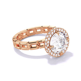 A side view of an 18K Rose Gold Round Cut Diamond Engagement Ring with a Wrapped Halo 16 Links Setting by Lindsey Scoggins Studio.