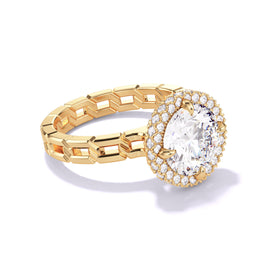 Lindsey Scoggins Studio’s Round Cut Diamond Engagement Ring with a Wrapped Halo 16 Links Setting in 18K Yellow Gold.
