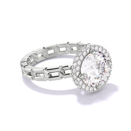 Lindsey Scoggins Studio’s Round Cut Diamond Engagement Ring, featuring a wrapped halo 16 links setting in Platinum metal.