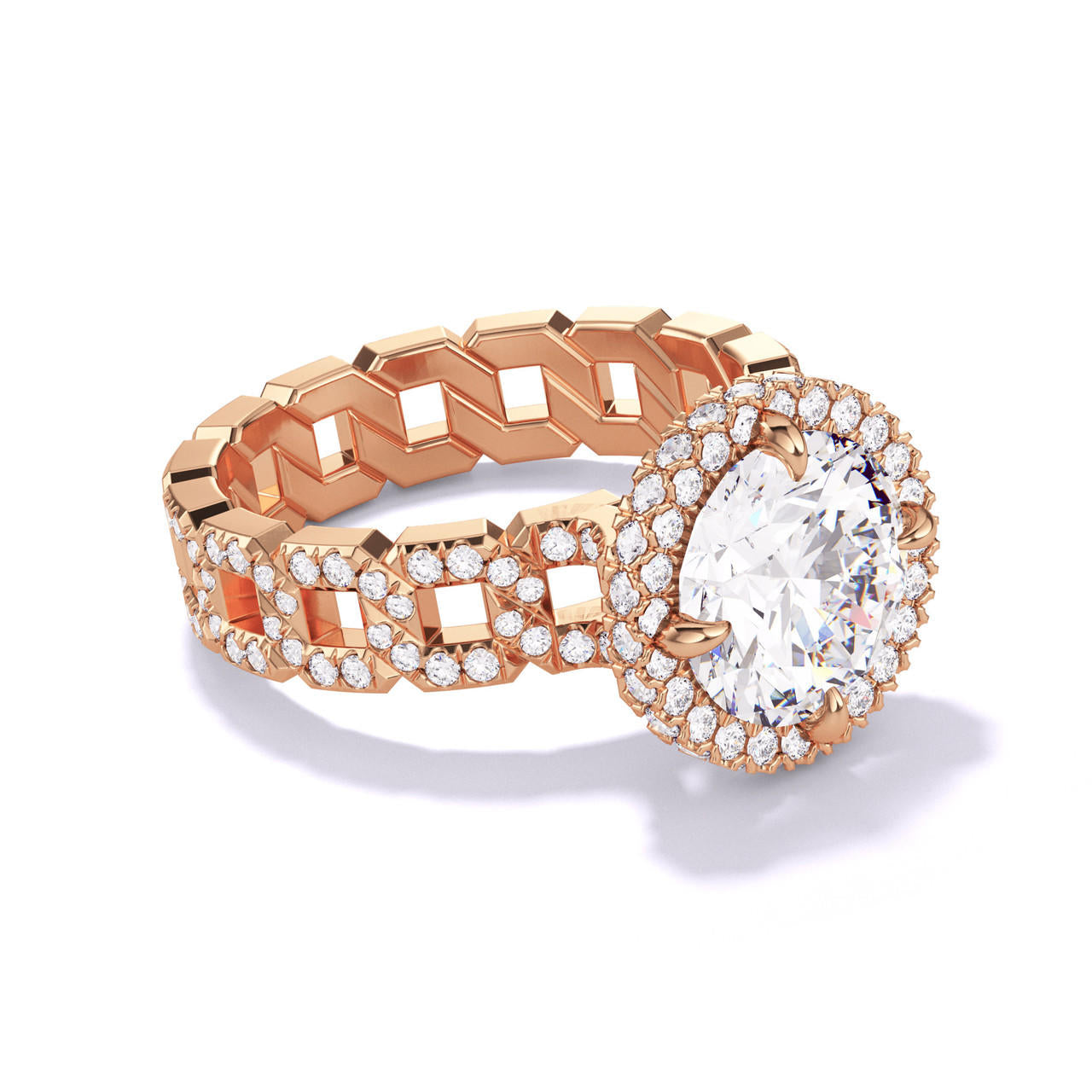 ROUND CUT DIAMOND ENGAGEMENT RING WITH A WRAPPED HALO 16 PAVE LINKS SETTING IN 18K ROSE GOLD