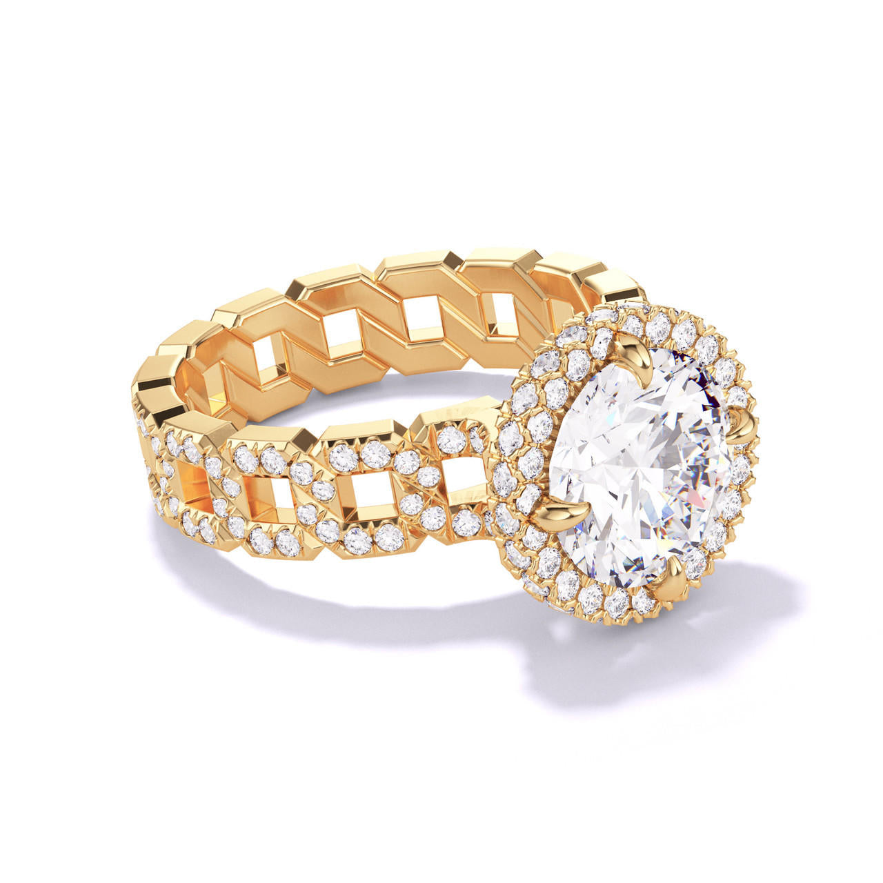 ROUND CUT DIAMOND ENGAGEMENT RING WITH A WRAPPED HALO 16 PAVE LINKS SETTING IN 18K YELLOW GOLD