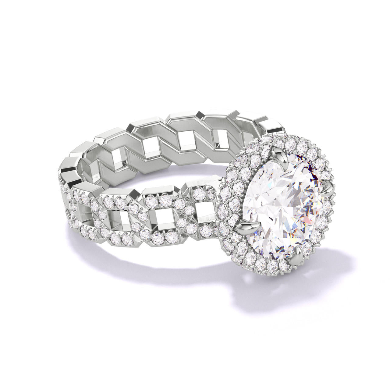 ROUND CUT DIAMOND ENGAGEMENT RING WITH A WRAPPED HALO 16 PAVE LINKS SETTING IN PLATINUM