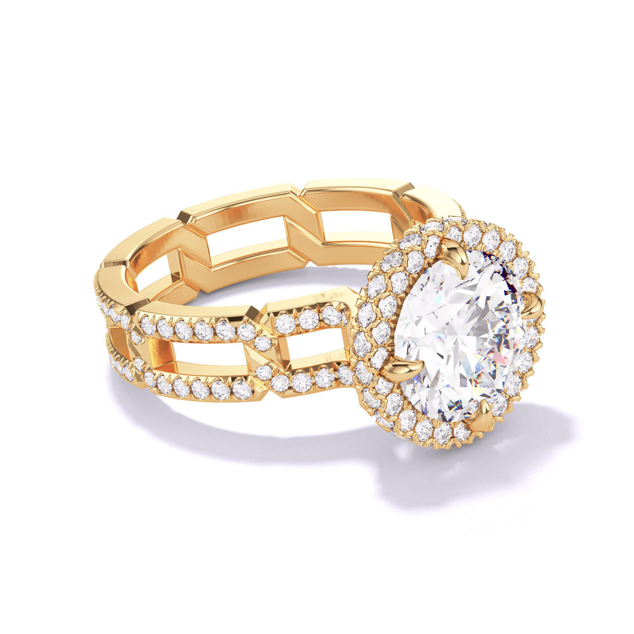 ROUND CUT DIAMOND ENGAGEMENT RING WITH A WRAPPED HALO 8 PAVE LINKS SETTING IN 18K YELLOW GOLD