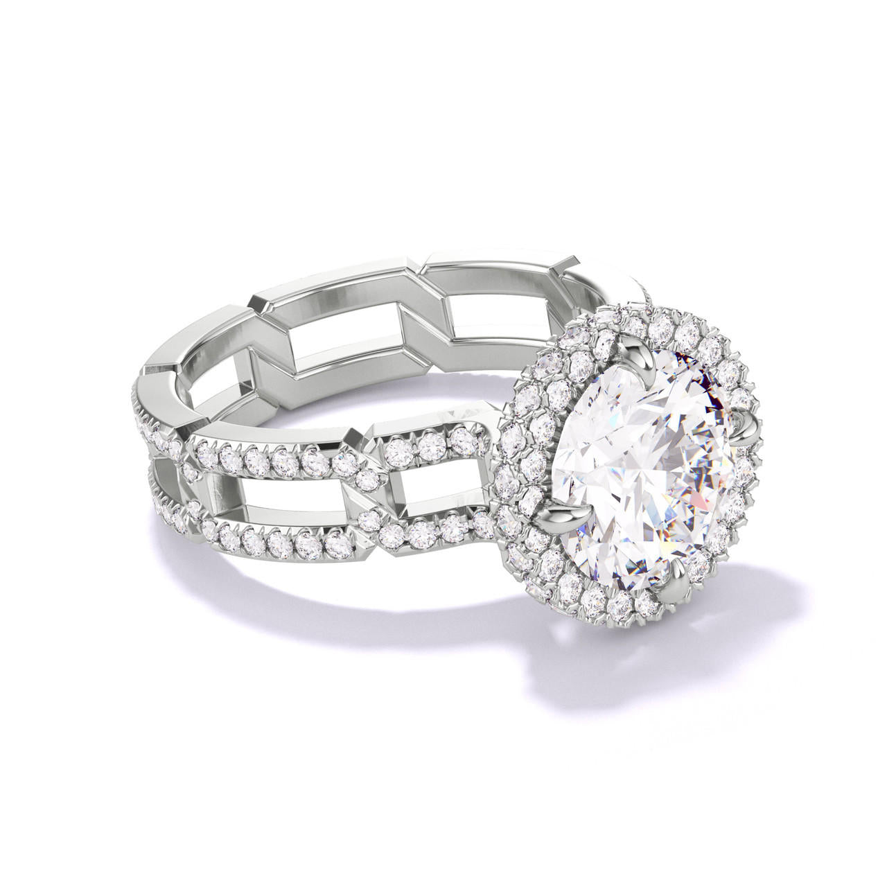 ROUND CUT DIAMOND ENGAGEMENT RING WITH A WRAPPED HALO 8 PAVE LINKS SETTING IN PLATINUM