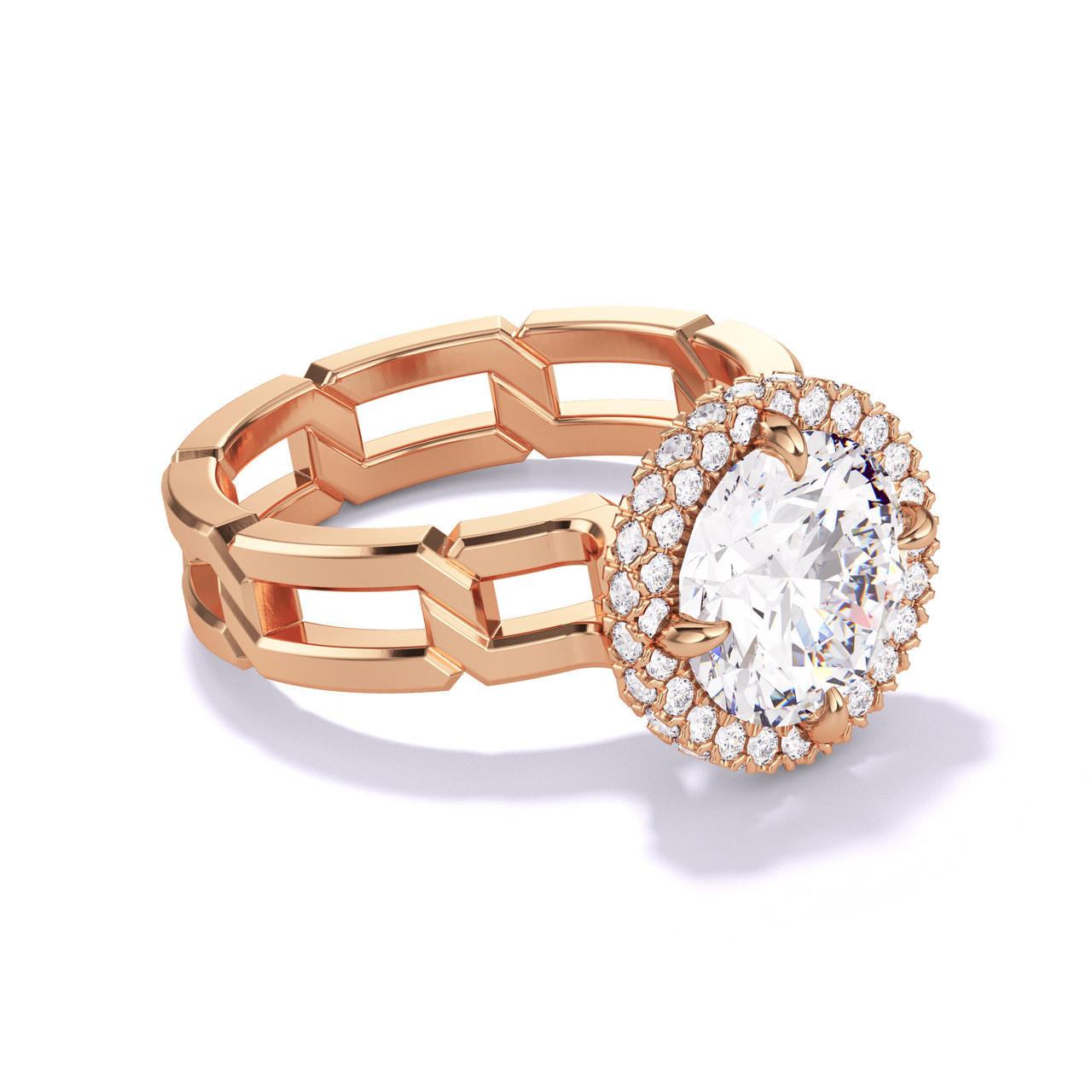 ROUND CUT DIAMOND ENGAGEMENT RING WITH A WRAPPED HALO 8 LINKS SETTING IN 18K ROSE GOLD