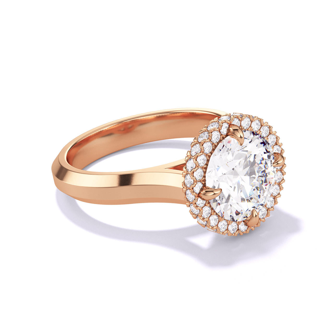 ROUND CUT DIAMOND ENGAGEMENT RING WITH A WRAPPED HALO THREE PHASES SETTING IN 18K ROSE GOLD