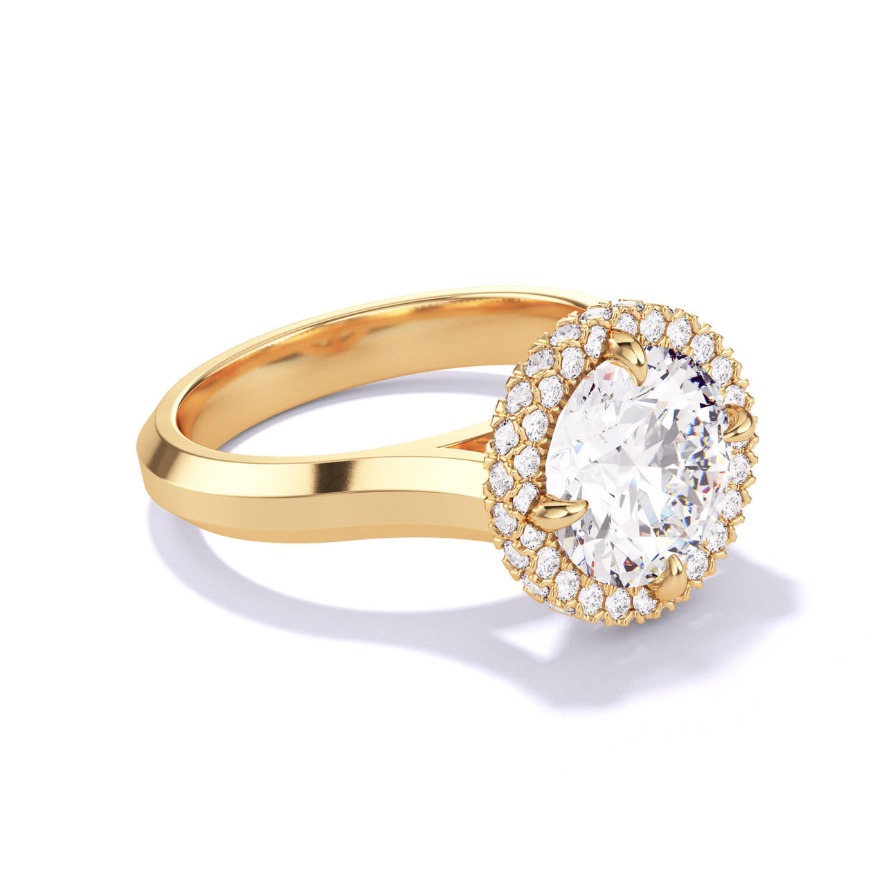 ROUND CUT DIAMOND ENGAGEMENT RING WITH A WRAPPED HALO THREE PHASES SETTING IN 18K YELLOW GOLD