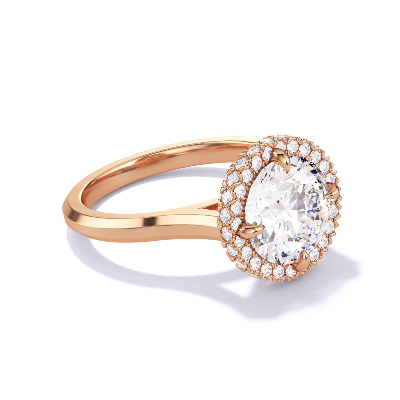 ROUND CUT DIAMOND ENGAGEMENT RING WITH A WRAPPED HALO THREE PHASES SLIM SETTING IN 18K ROSE GOLD