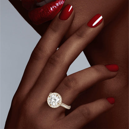 ROUND CUT DIAMOND ENGAGEMENT RING WITH A WRAPPED HALO THREE PHASES TRIPLE PAVE SETTING IN 18K YELLOW GOLD