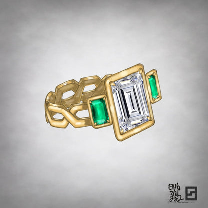 three stone emerald and diamond ring with emerald cut diamond and emerald accents on an open chance engagement ring band