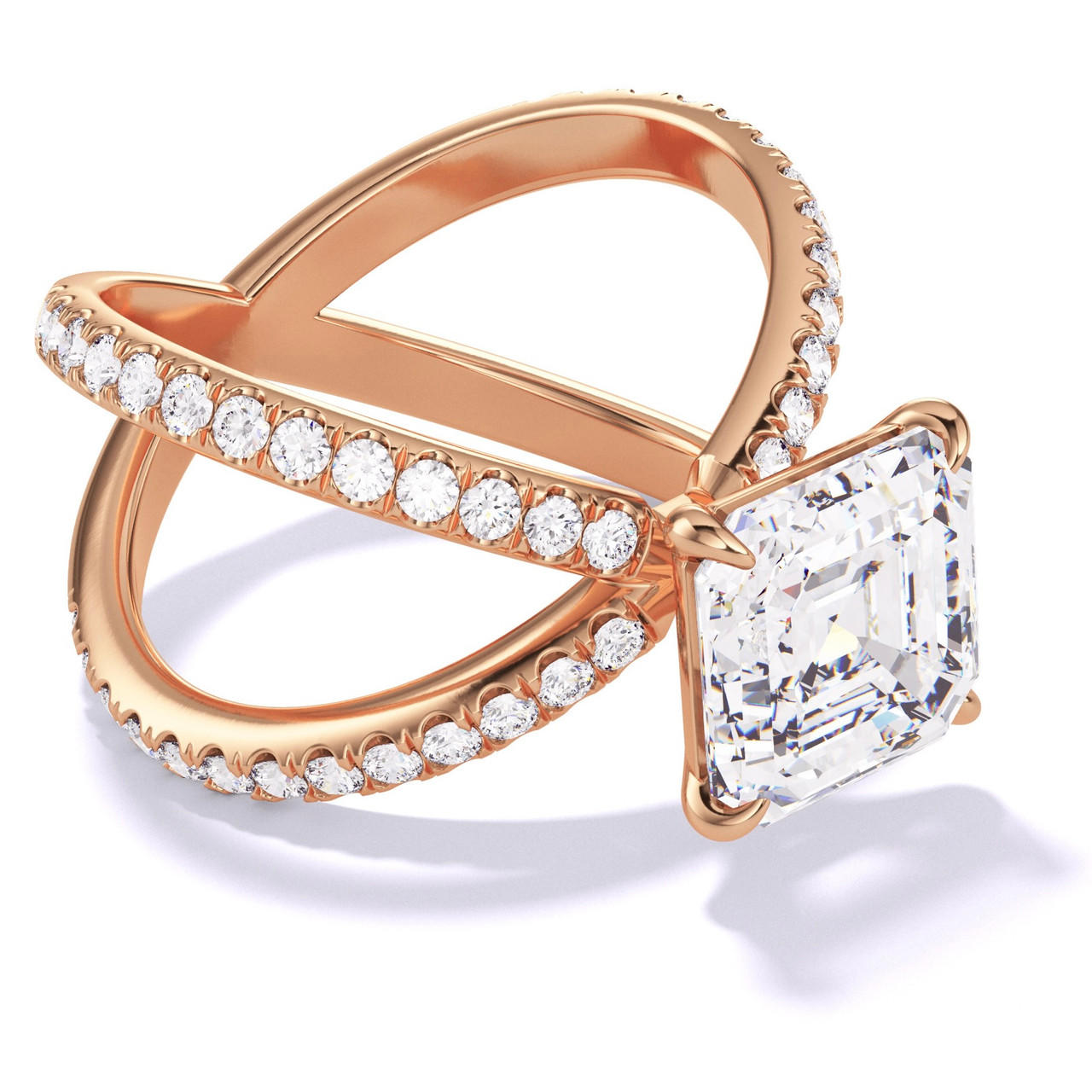 EMERALD CUT DIAMOND ENGAGEMENT RING WITH A CLASSIC 4 PRONG AXIS PAVE SETTING IN 18K ROSE GOLD