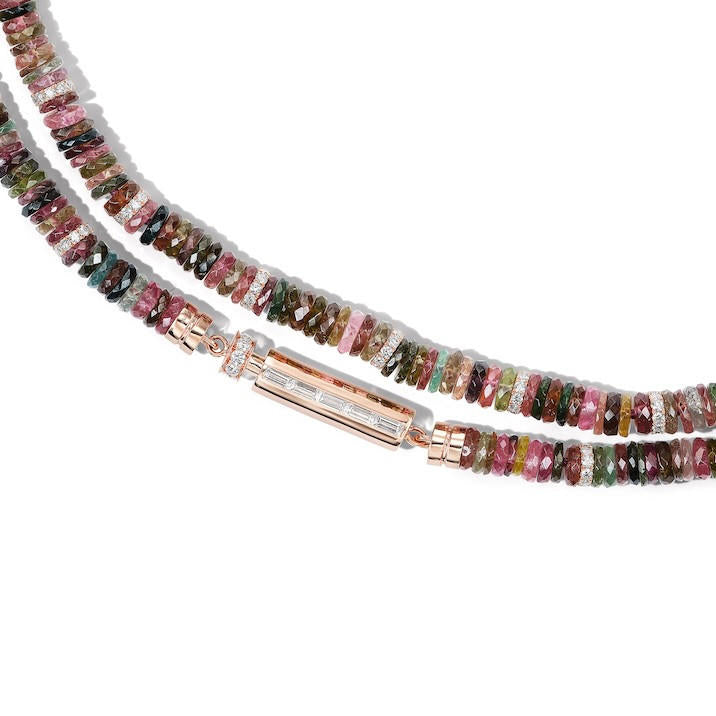 TOURMALINE NECKLACE WITH BAGUETTE DIAMOND VIAL CLASP IN 18K ROSE GOLD