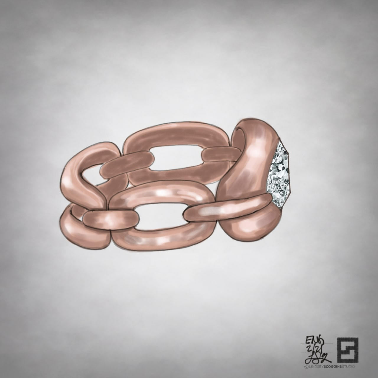 long oval rose gold engagement ring with link detailing and bezel set oval diamond