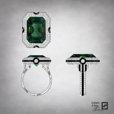 Art Deco ring with an emerald cut green tourmaline set in platinum with pave diamonds and black enamel