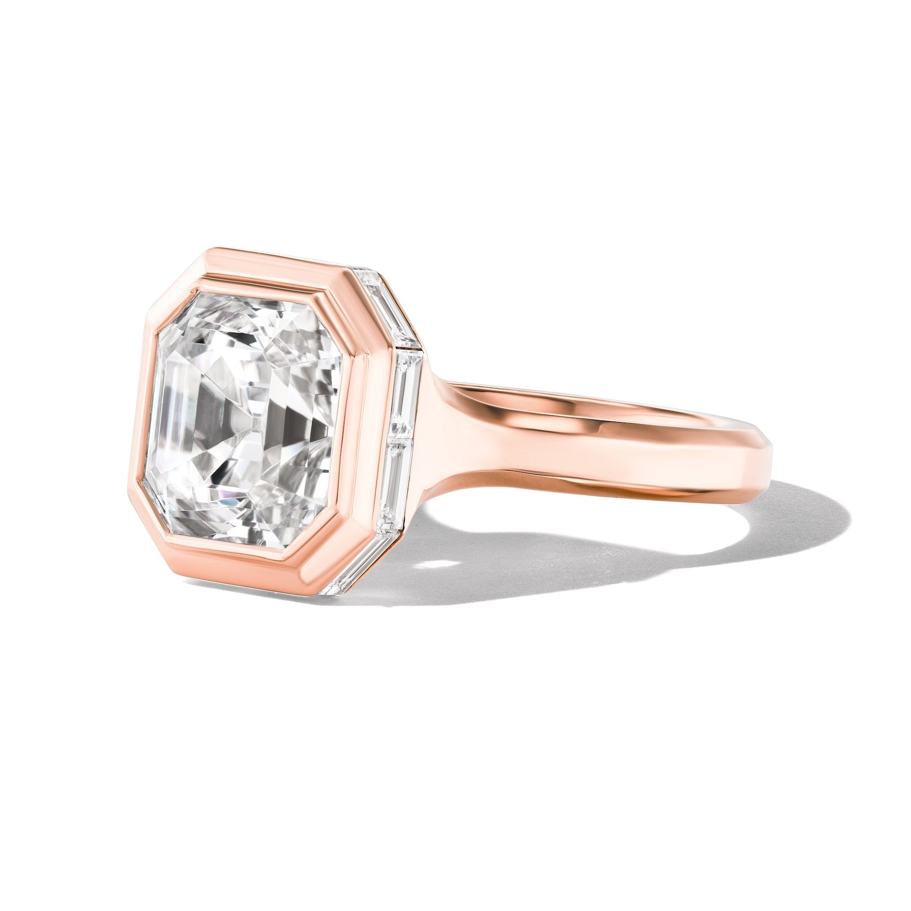 SHIELD BEZEL SET ASSCHER CUT DIAMOND ENGAGEMENT RING IN 18K ROSE GOLD