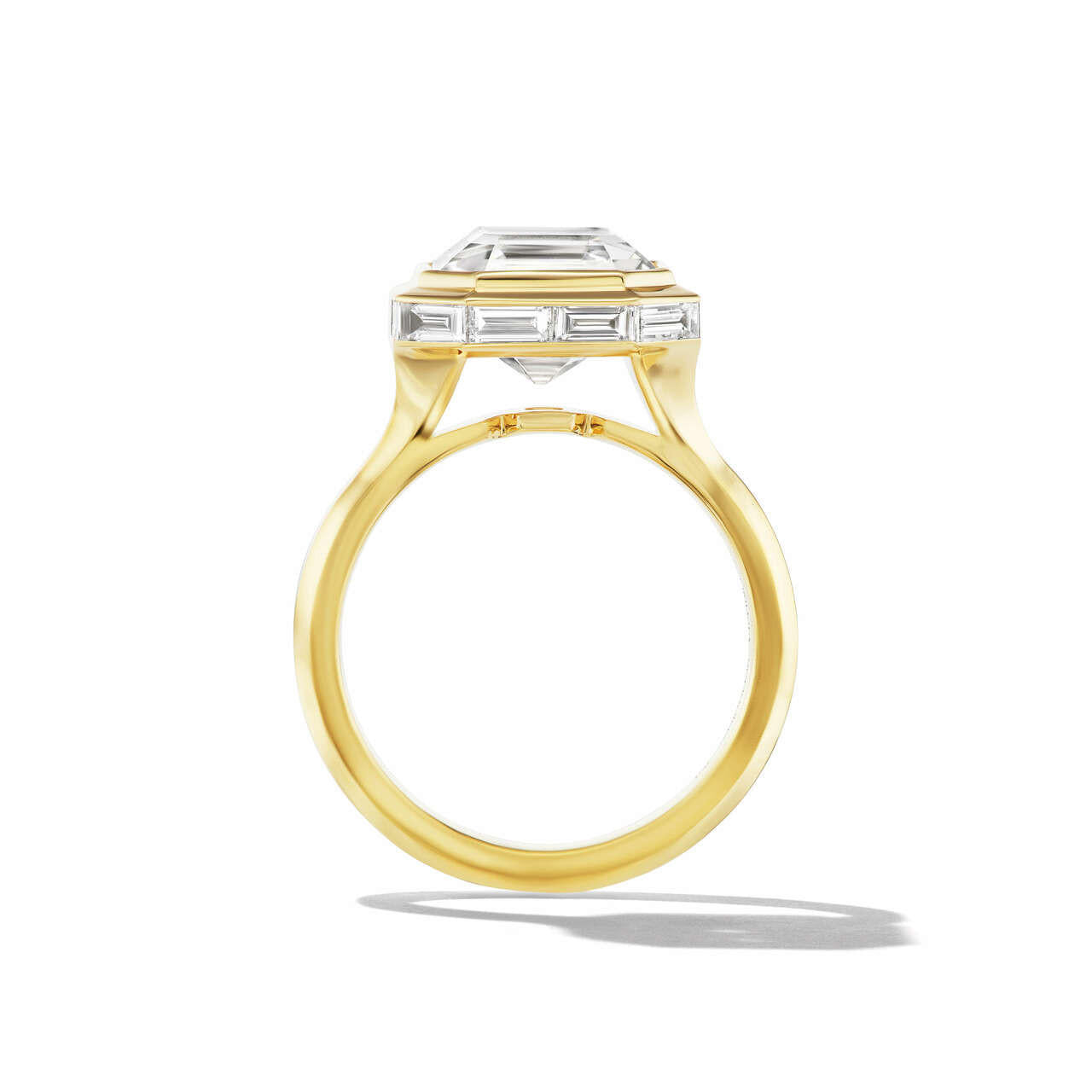 shield bezel set asscher cut diamond engagement ring in 18k yellow gold
