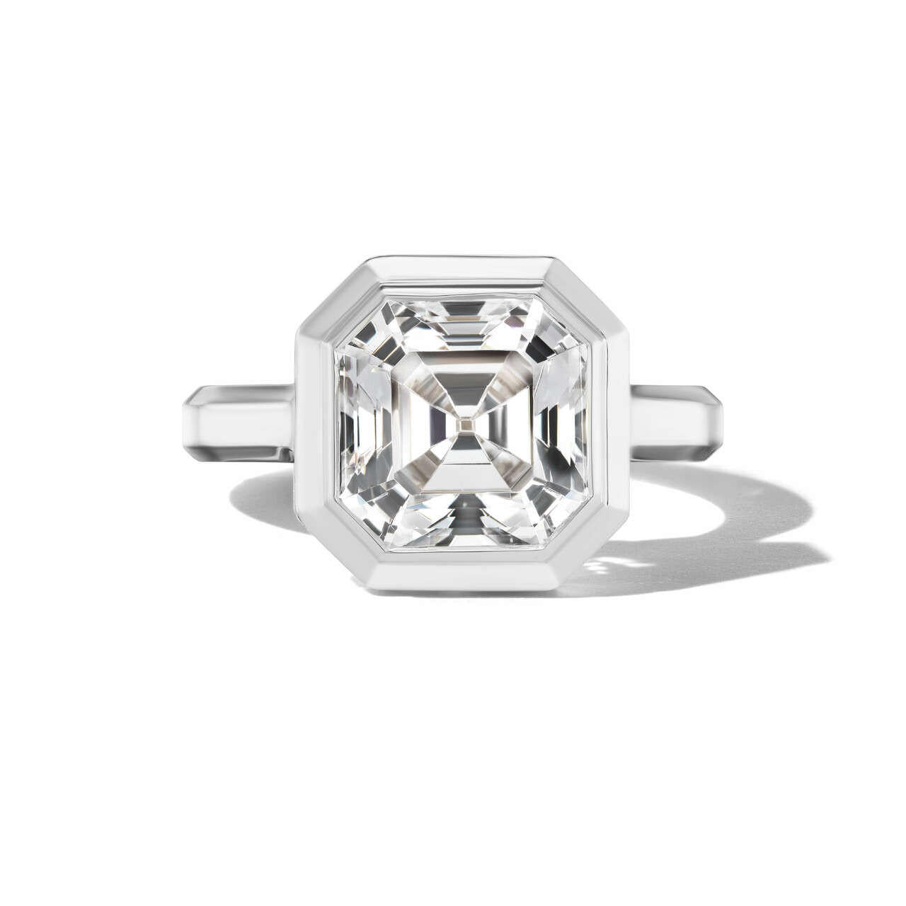 shield bezel set asscher cut diamond engagement ring in platinum